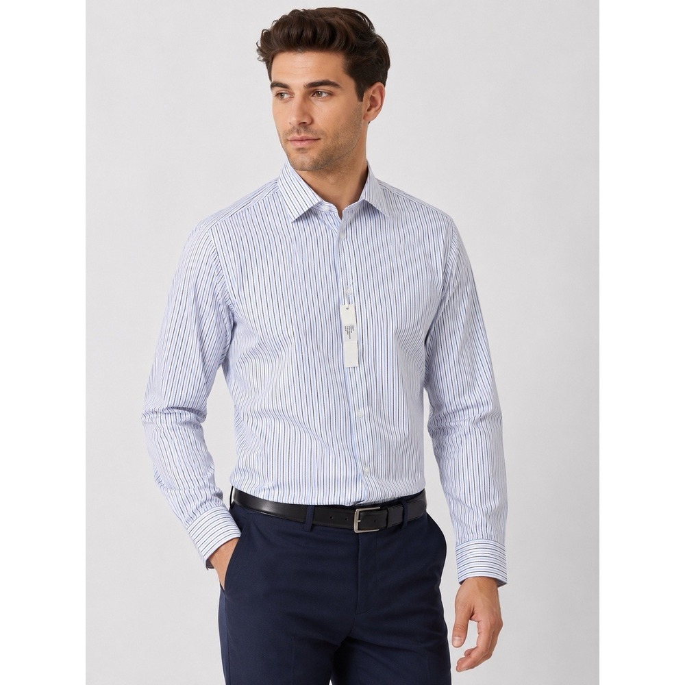 TTahari New York Modern Fit Dress‎ Shirt Men's XL Blue White Striped 100% Cotton